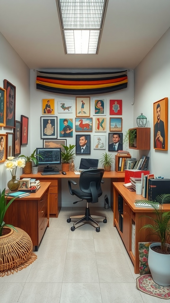 Small office interior with cultural artwork on the walls and plants for decoration.