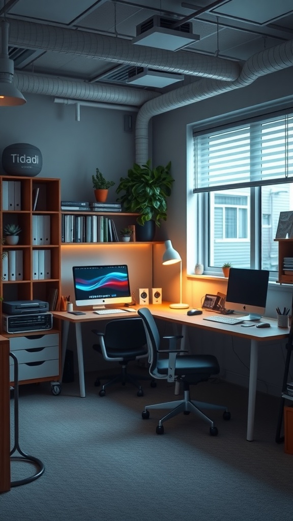 A cozy small office interior with modern desks, computers, and warm lighting.