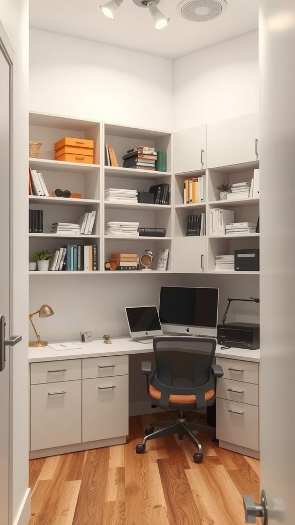 Interior of a small office showcasing efficient use of vertical space with shelves and organized workspace.