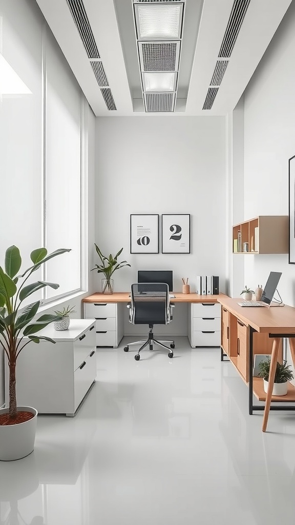 Minimalistic office interior featuring a clean desk, modern chair, and plants.