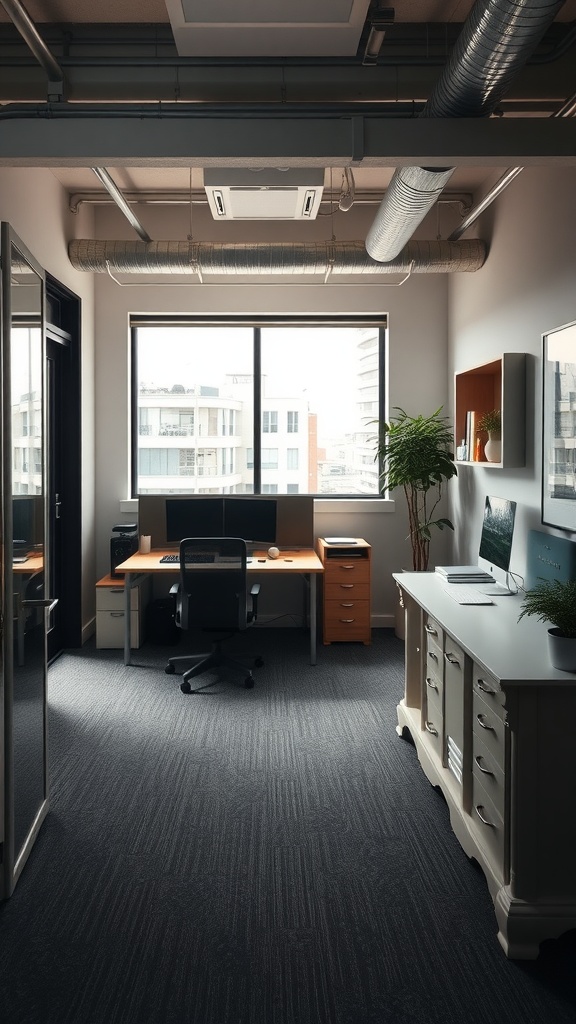 Small office interior featuring a desk, chair, and window with natural light.