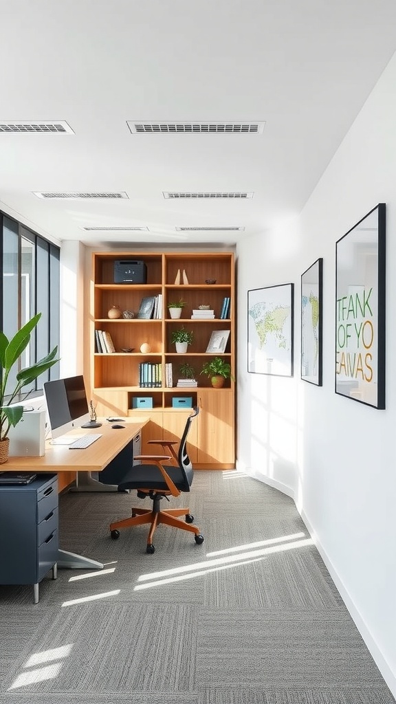 A small office interior showcasing a functional desk, organized shelving, and natural lighting.