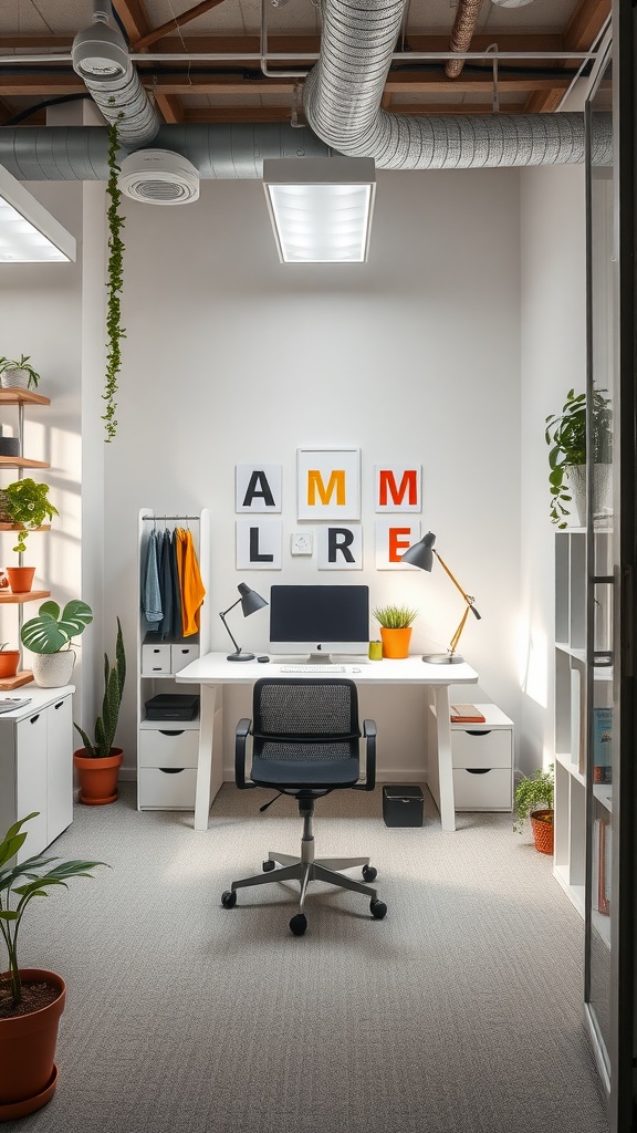 A small, well-designed office interior featuring a desk, computer, plants, and colorful wall decor.