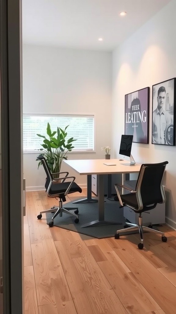 A small office interior featuring a desk, two chairs, a plant, and wall artwork, emphasizing a minimalist and functional design.