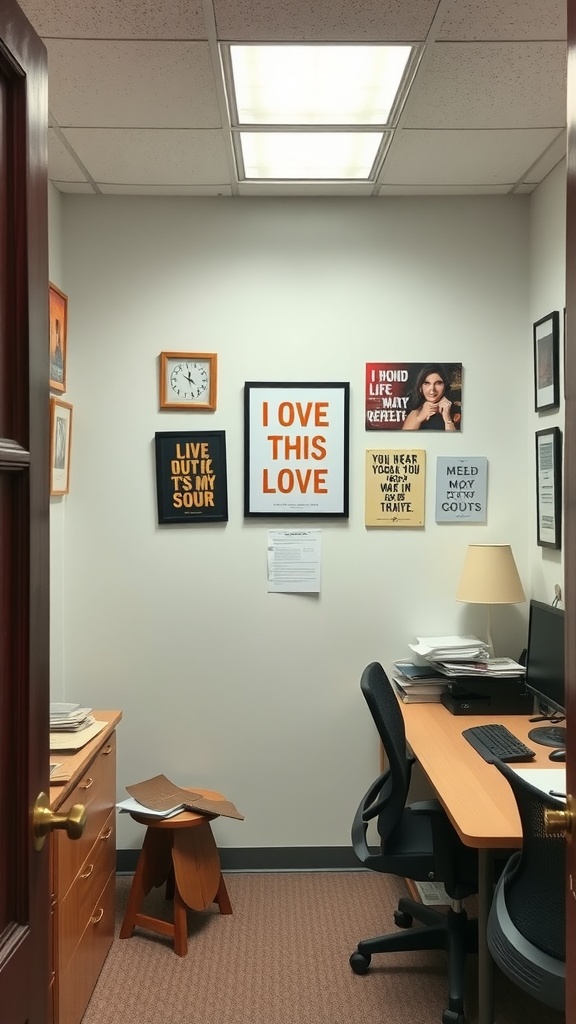 A small office interior featuring personalized wall art, a wooden desk, and a cozy lamp.