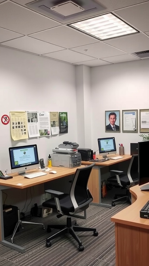 A small office interior featuring two workstations with computers and a printer, along with wall decorations.