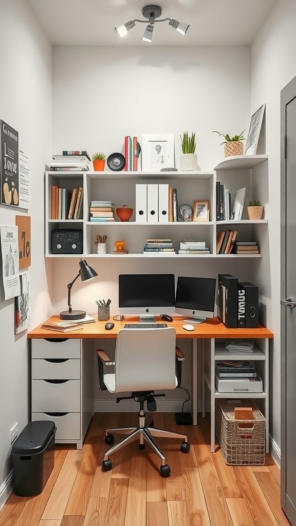 A small office interior featuring a desk with dual monitors, a shelving unit, and a modern chair.