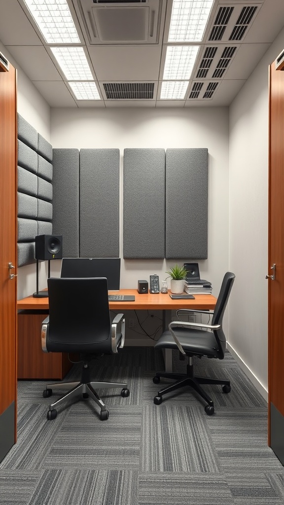 A small office interior featuring sound control elements such as acoustic panels and a quiet workspace.