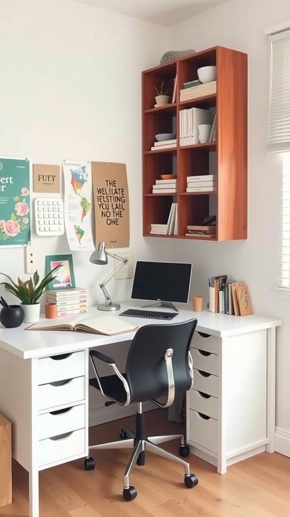 A stylish small office with a white desk, black chair, and organized shelves.