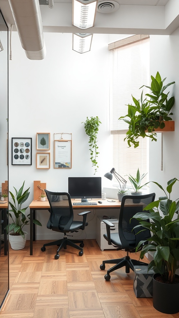 Small office interior with plants, wooden furniture, and natural light