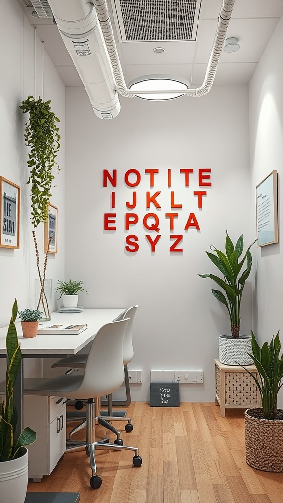 A small office interior featuring a minimalist desk, chairs, plants, and bold wall art.