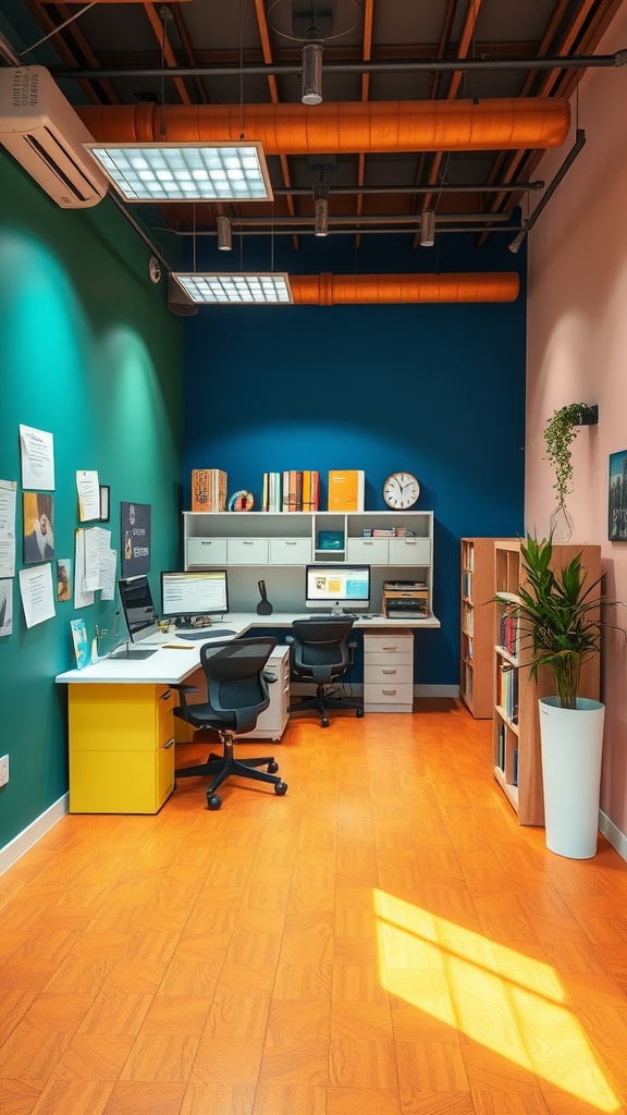 A small office interior with contrasting colored walls, a bright yellow desk, and an inviting atmosphere.