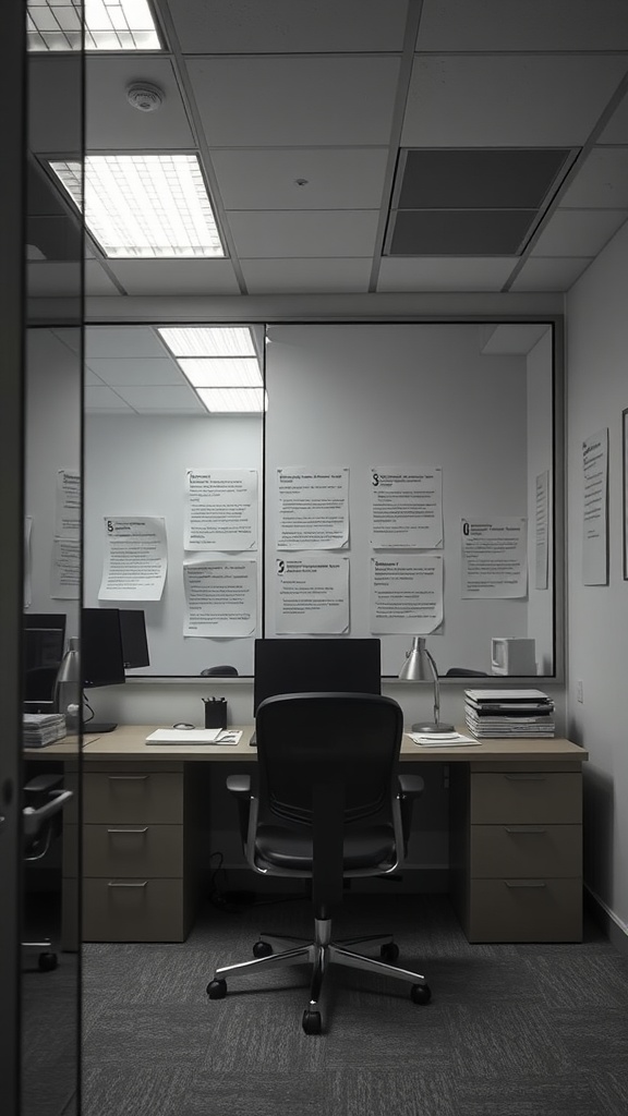 A small office interior featuring a desk, chair, computer setup, and a wall with reflective surfaces.