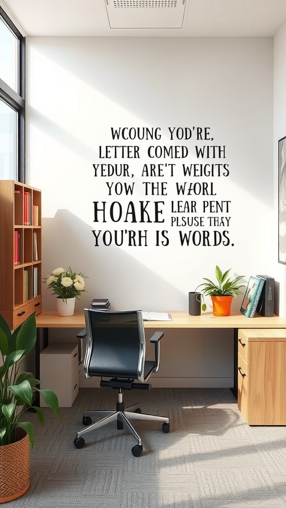 Small office interior featuring a motivational quote on the wall, a desk with a chair, and plants.