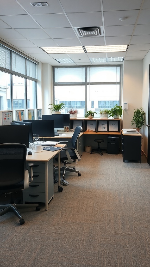 A small office interior showcasing a workspace with desks, plants, and large windows.