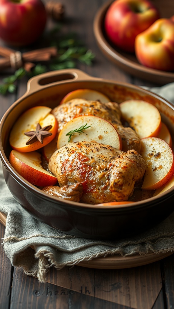 A delicious Apple Cider Chicken Bake with slices of apples and herbs.