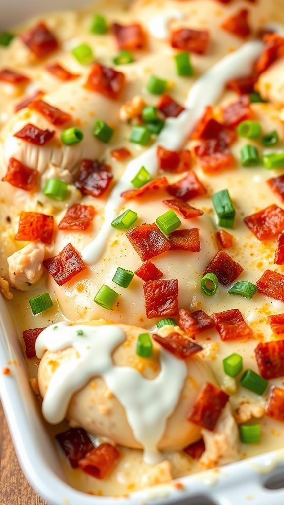 A delicious Bacon Ranch Chicken Bake topped with crumbled bacon and green onions.