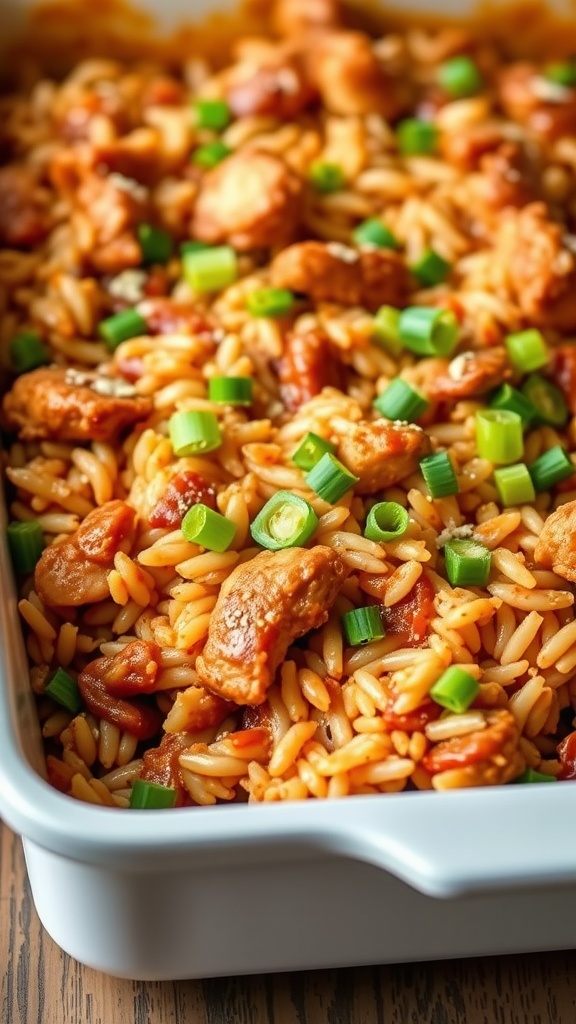 A delicious BBQ Chicken and Rice Bake with green onions on top.