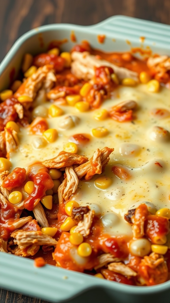 BBQ chicken bake with corn and cheese in a baking dish