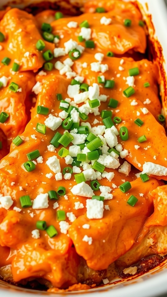A delicious Buffalo Chicken Bake topped with blue cheese and green onions