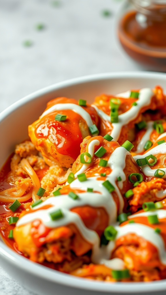 A delicious dish of Buffalo Ranch Chicken Bake garnished with green onions and drizzled with ranch dressing.
