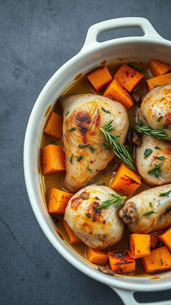 A dish of chicken thighs and cubed butternut squash, garnished with herbs.