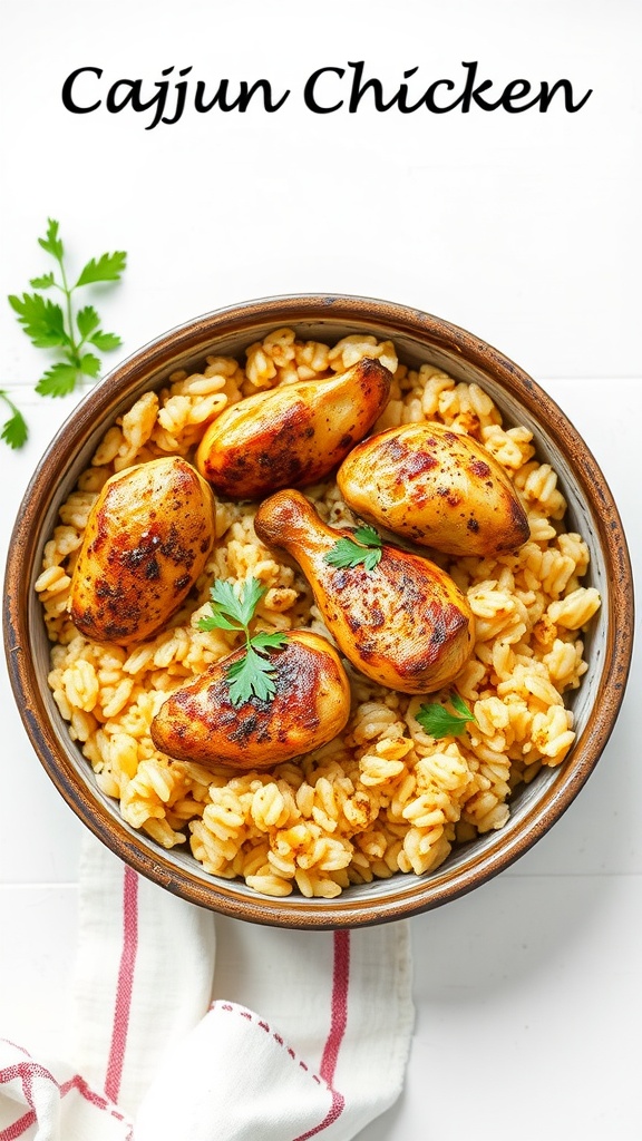 A bowl of Cajun Chicken with rice garnished with parsley.