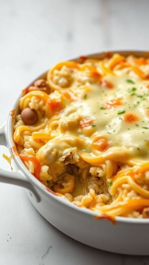 A cheesy chicken and rice bake in a white dish, topped with melted cheese and colorful vegetables.