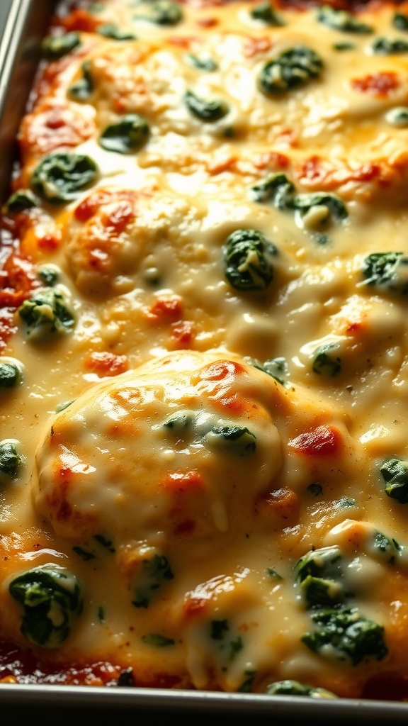 A creamy and cheesy chicken bake with spinach and artichokes, topped with melted cheese.