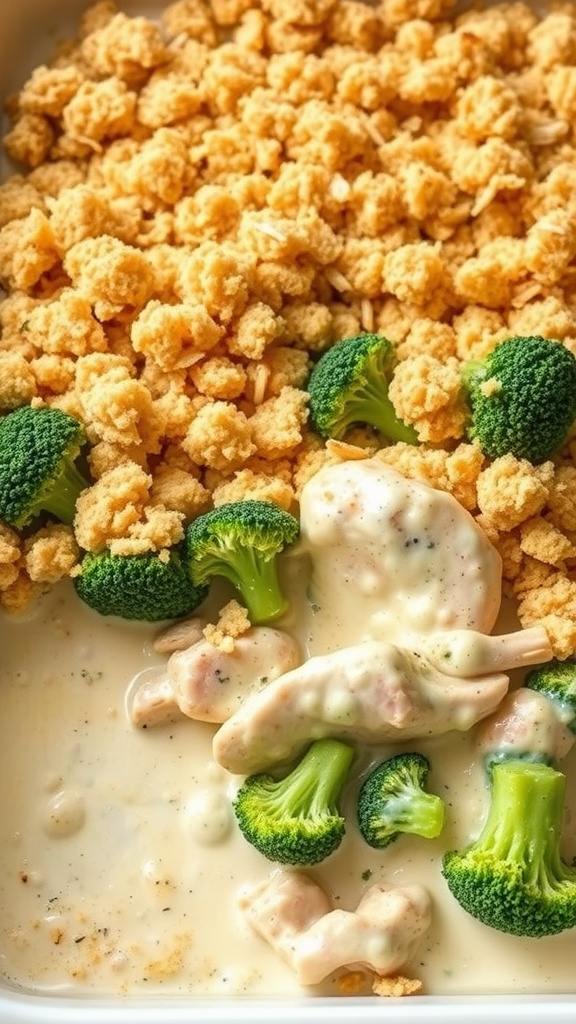 A delicious Chicken Alfredo Bake with broccoli and a crispy topping.