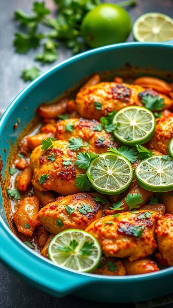 Chili Lime Chicken Bake with lime slices and cilantro