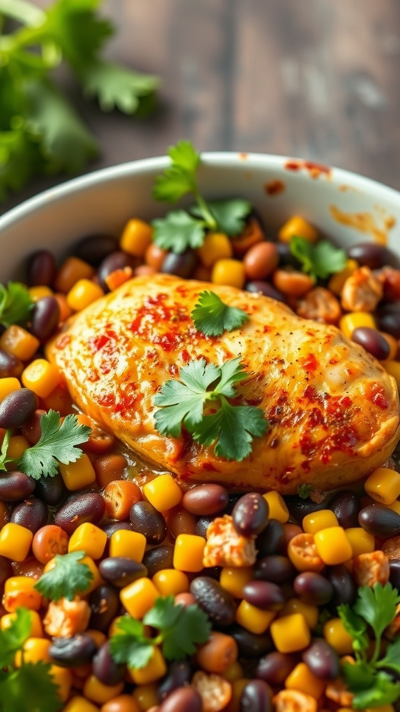 A delicious chipotle chicken bake with black beans and corn garnished with cilantro.