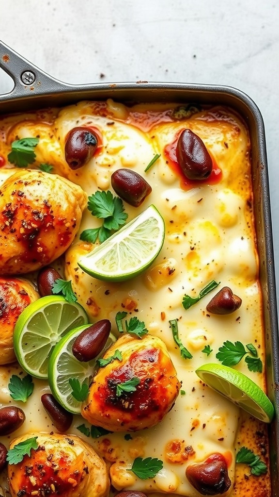 A delicious Chipotle Lime Chicken Bake with cheese, lime, and garnishes.