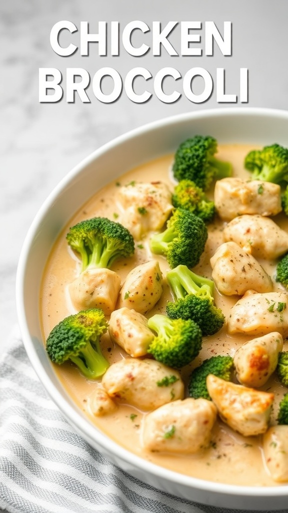A creamy chicken and broccoli casserole bake served in a white bowl.