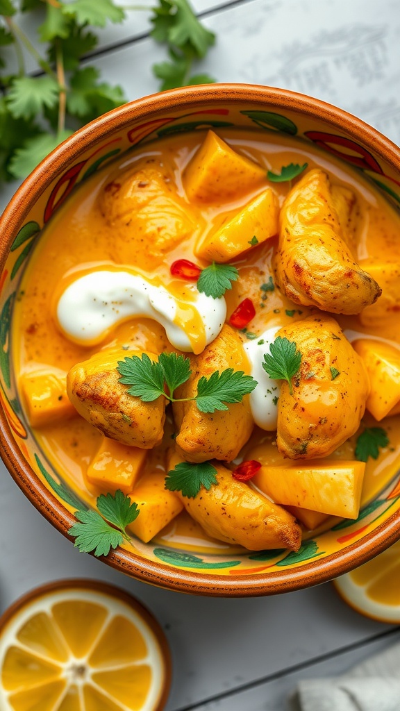 A bowl of coconut curry chicken bake with chicken pieces, diced potatoes, and garnished with cilantro.