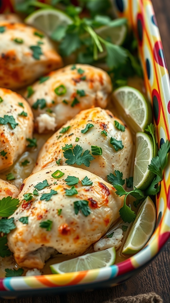 Plate of Coconut Lime Chicken Bake with fresh herbs and lime slices.