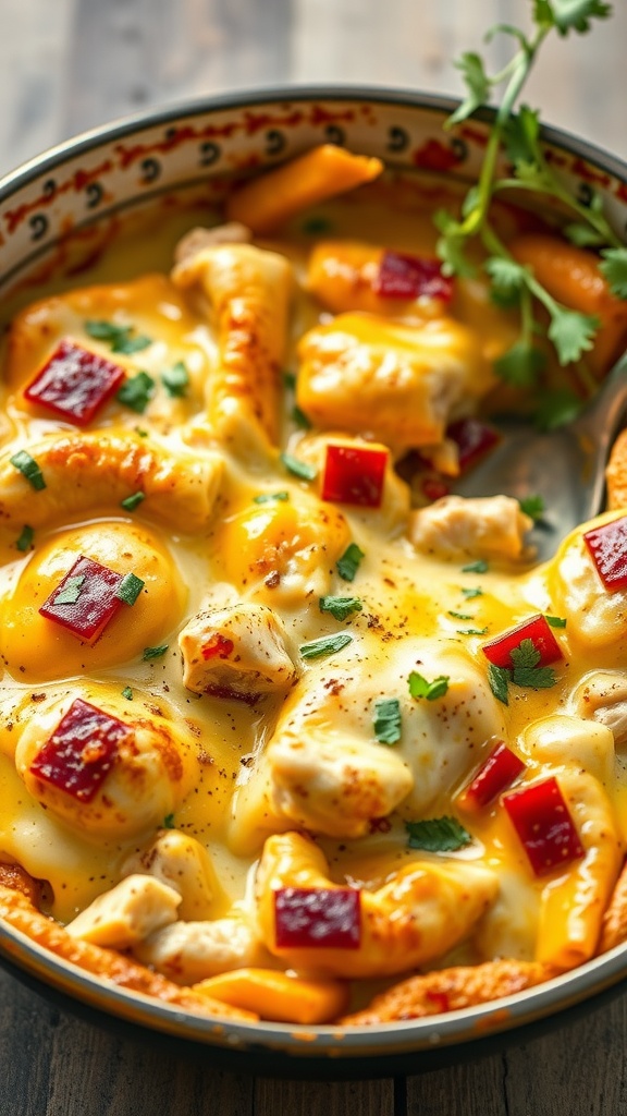 A creamy cheddar chicken bake with melted cheese and colorful toppings.