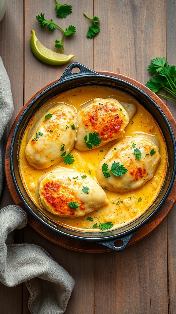 Creamy Garlic Chicken Bake in a baking dish with herbs