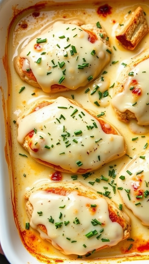 Creamy Garlic Parmesan Chicken Bake in a white baking dish, topped with chives.