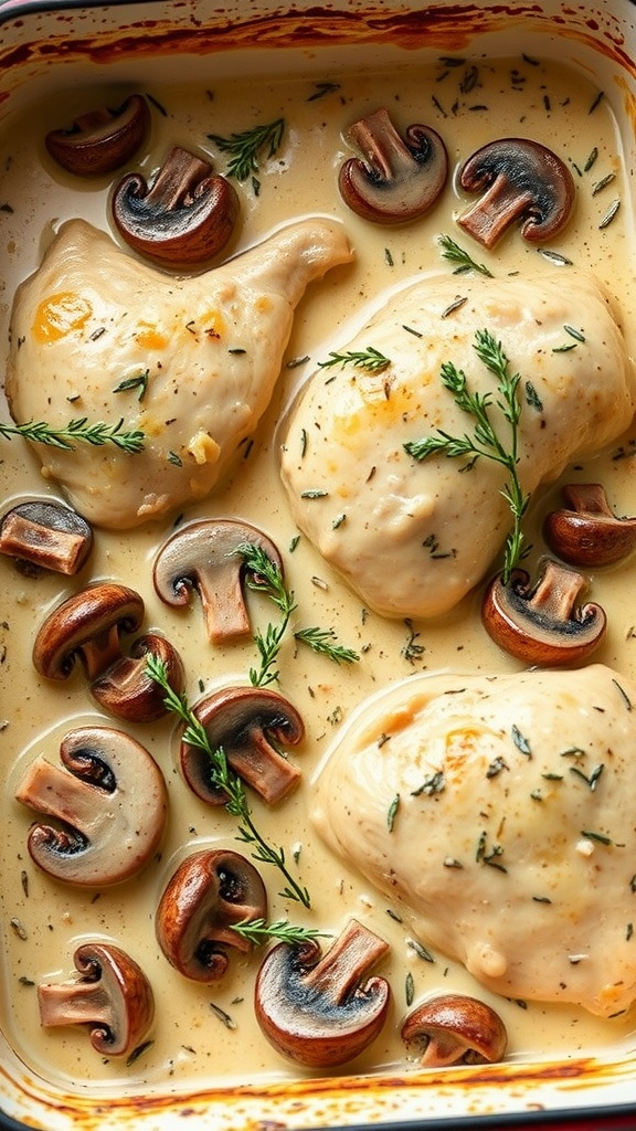 A creamy mushroom chicken bake dish