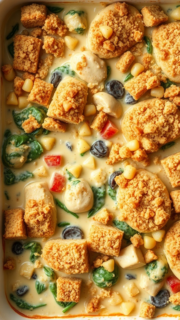 A creamy chicken bake with spinach and a golden breadcrumb topping.