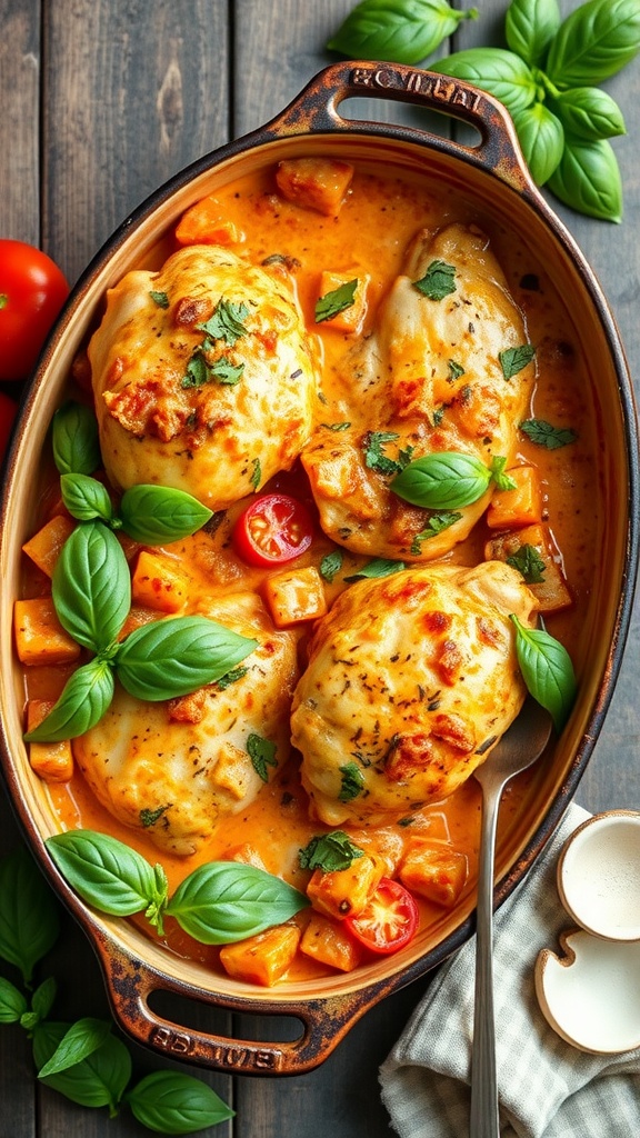 A delicious creamy tomato basil chicken bake with cherry tomatoes and fresh basil.