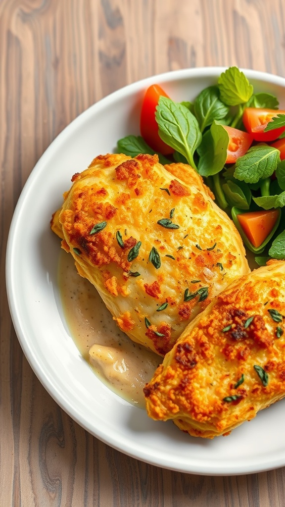 Crispy Parmesan Crusted Chicken Bake served with a side salad