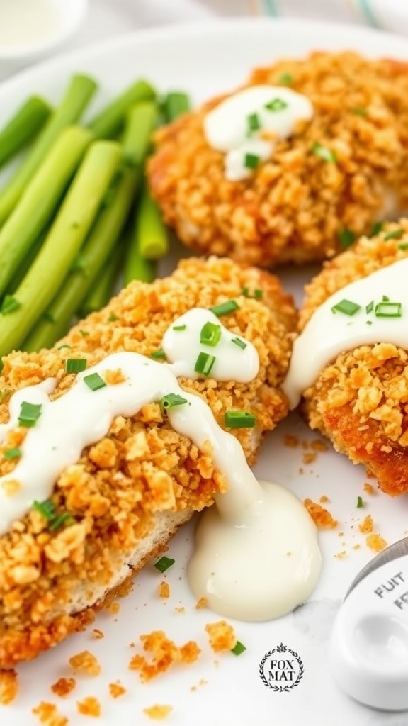 Crispy Ranch Chicken Bake with creamy dressing and green garnish