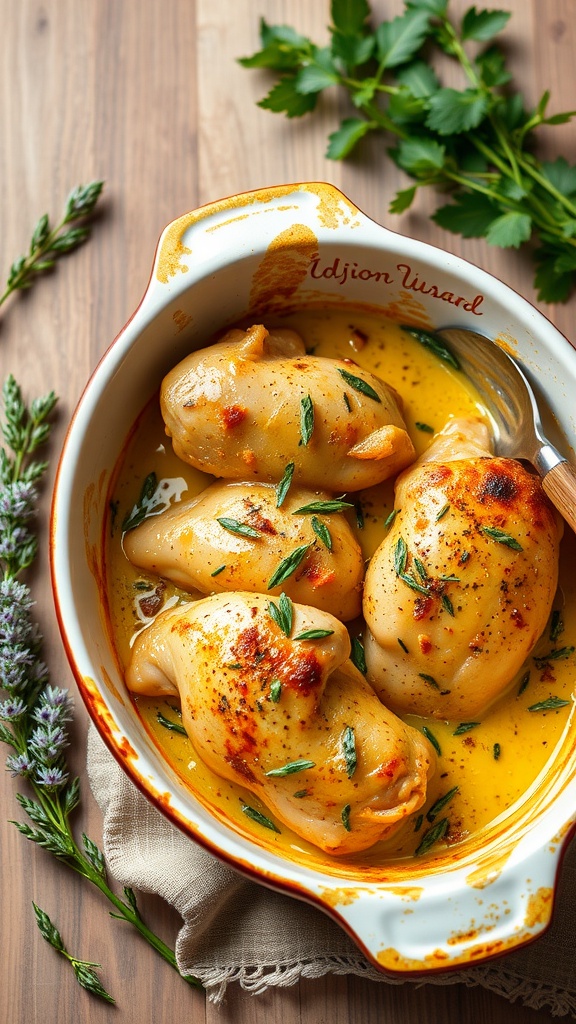 A dish of Dijon mustard chicken bake with herbs.