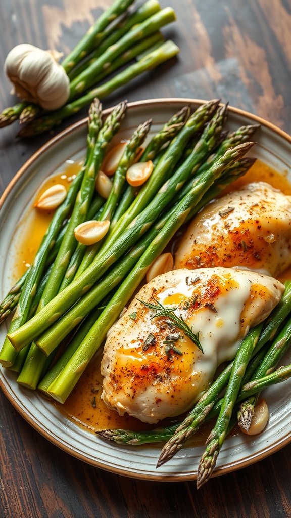 Garlic Butter Chicken Bake with Asparagus on a plate