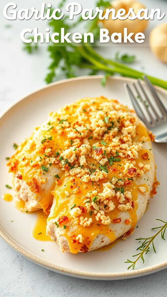 A plate of Garlic Parmesan Crusted Chicken Bake with a crispy topping and melted cheese
