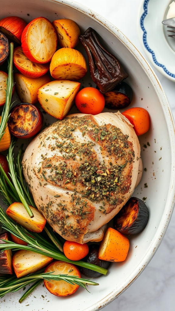 A delicious herb crusted chicken bake with assorted roasted vegetables.