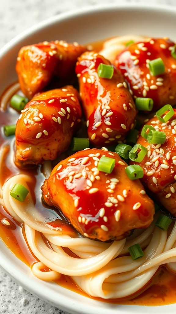 Honey Garlic Chicken Bake served over noodles with green onions and sesame seeds.