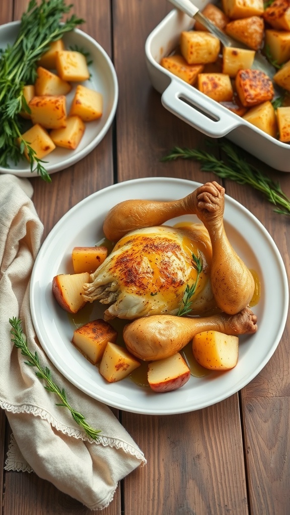 A delicious Honey Mustard Chicken Bake served with golden roasted potatoes.